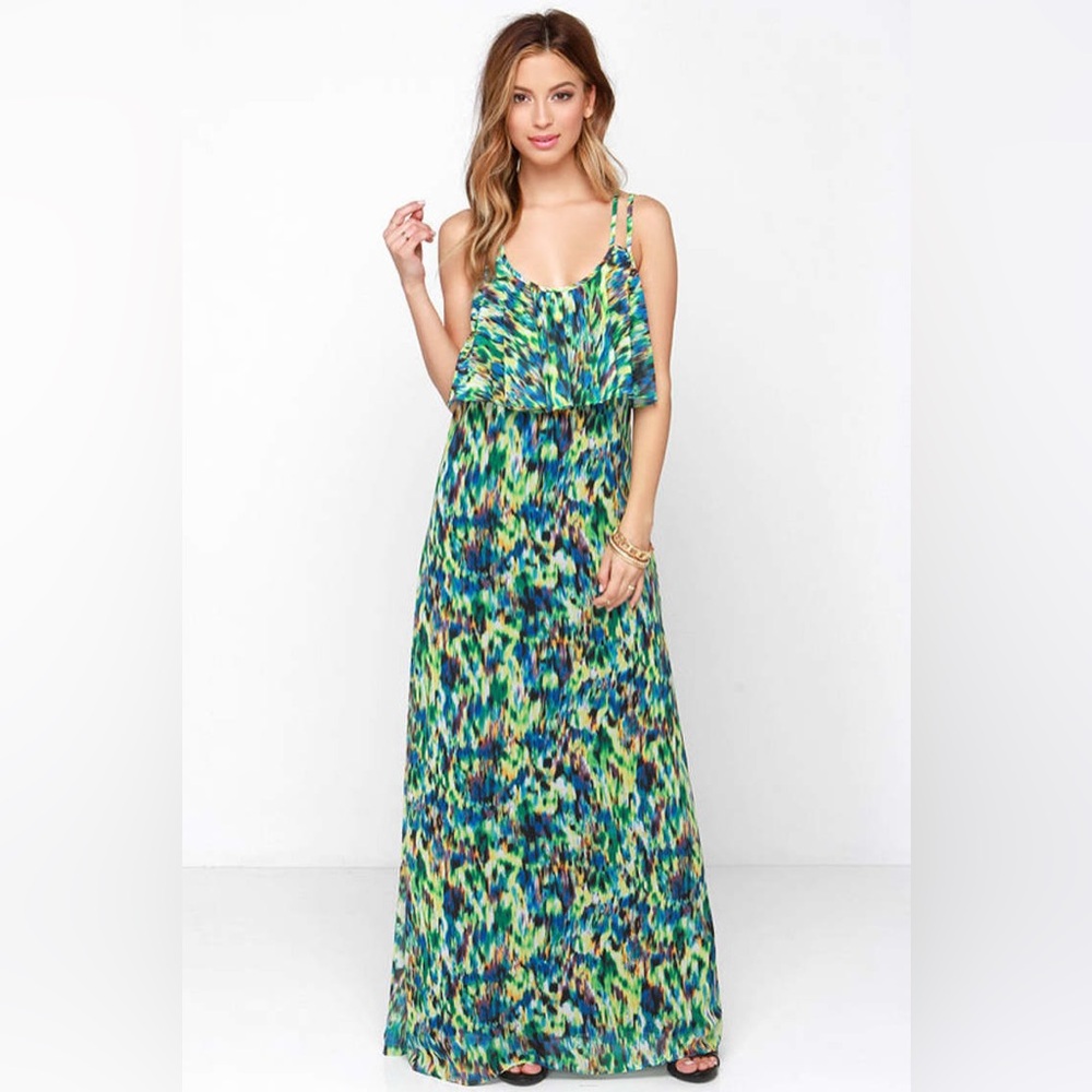 Lemieux Sz Large Amazonian Due Time Green Print Maxi Dress Lulus‎
